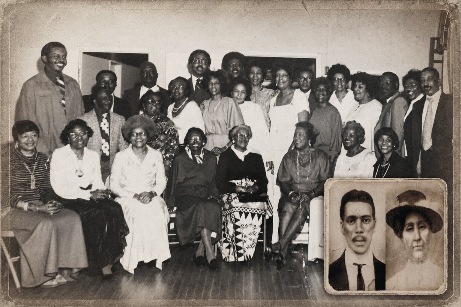 A historic Edmond family gathering, with portraits of founders Louis and Annette Edmond