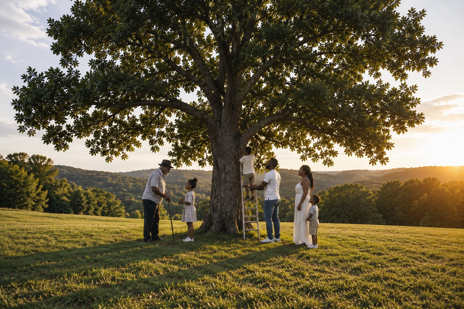 A multigenerational Edmond family gathered beneath a large oak tree at sunset, overlooking rolling green hills